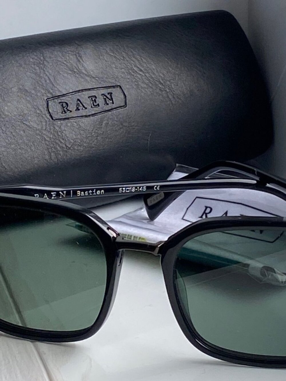 RAEN Crystal Black Polarized Green Lenses Sunglasses for Women (or Men)